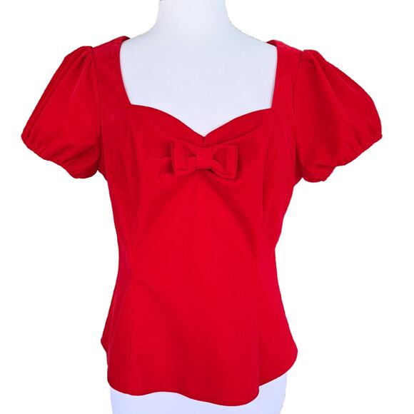 Collectif x Modcloth Retro Red Velvet Top Puff Sleeve Bow Size 14 Holiday Xmas - Picture 1 of 9